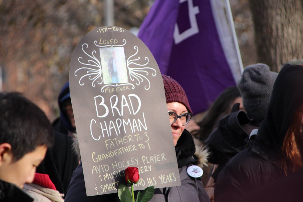 Dr. Chapman at a Moss Park overdose memorial march and rally in Winter 2017 in Toronto, where she remembered her late brother.