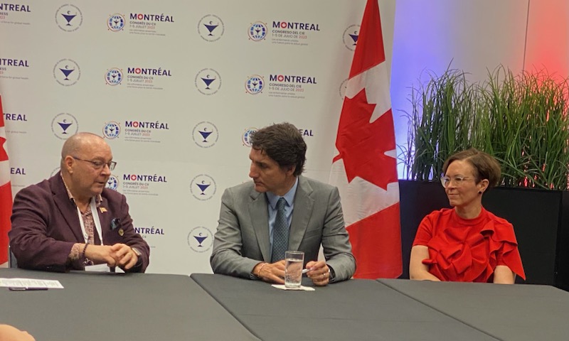 CNA President Sylvain Brousseau, Prime Minister Justin Trudeau and Chief Nursing Officer Dr. Leigh Chapman in Montreal in July, 2023